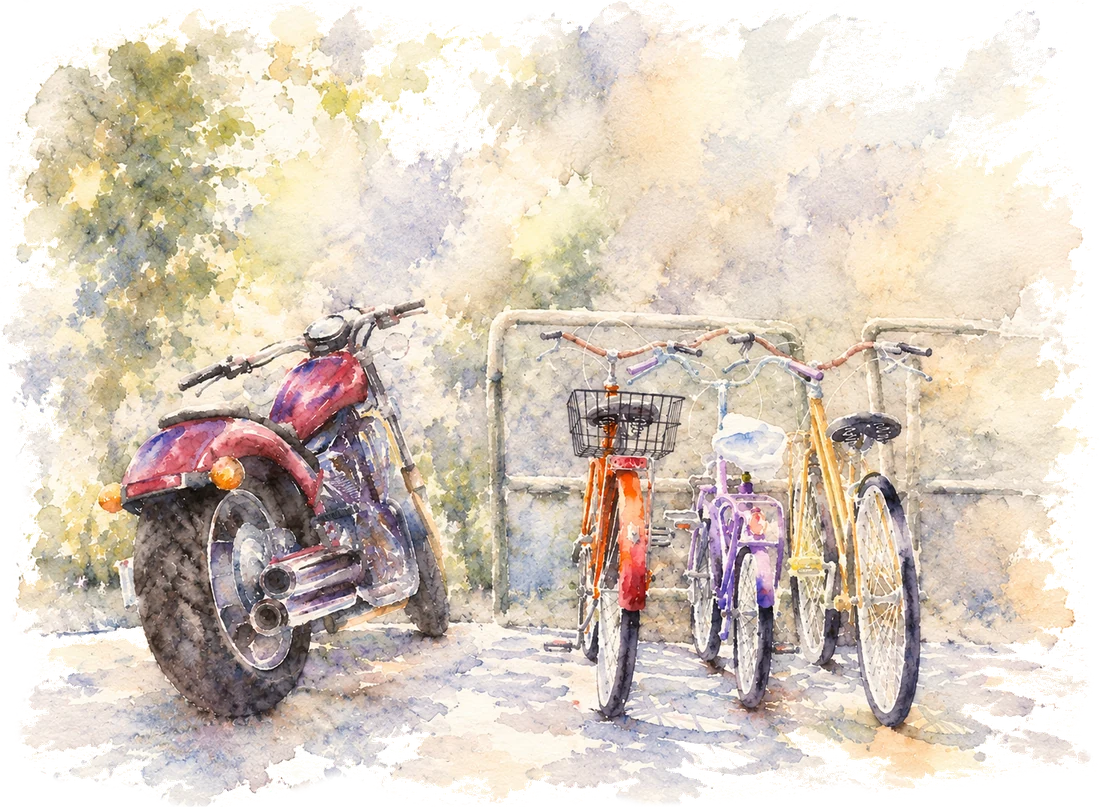 Aquarelle d’une moto et de vélos garés au calme